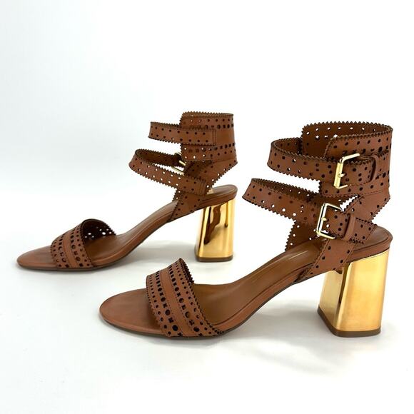 Dolce Vita Straps Sandal Sz 9.5 Brown Leather Gold Block High Heel Laser-Cut New - Picture 14 of 15